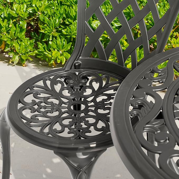 NUU GARDEN 3-Piece Patio Bistro Set Outdoor Cast Aluminum Bistro Table and Chairs Set of 2, Outdoor Patio Bistro Set with Umbrella Hole for Patio Balcony, Black