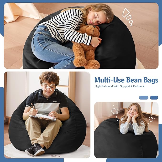 Homguava 2FT Bean Bag Chair: 2' Bean Bags with Memory Foam Filled,Comfy Beanbag Chairs Round Bean Bag Sofa with Dutch Velvet Cover-Black