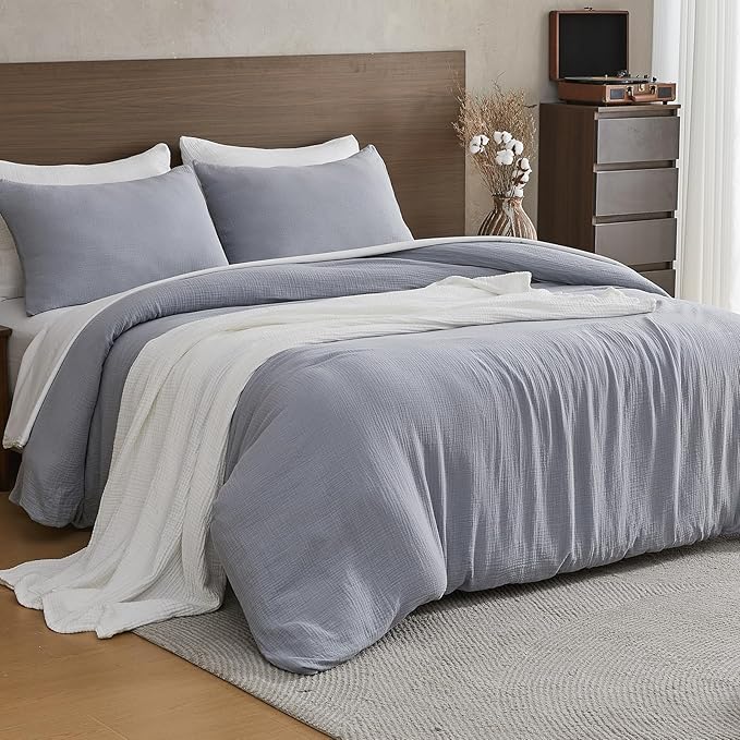 EMME Muslin Cotton Duvet Cover Set Light Grey Queen Size Linen Like Soft Breathable Lightweight Summer Comforter Cover Set with Zipper Closure (Light Grey, Queen, 90"x90")