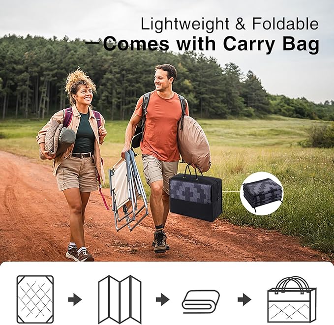 OLANLY Waterproof Outdoor Rug 4x6 ft, Outdoor Plastic Straw Rug for Camping, RV Mat Outside, Indoor Outdoor Carpet for Porch, Deck, Backyard, Balcony, Picnic, Black & Grey