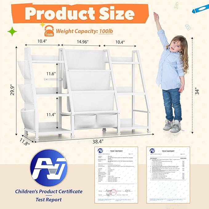 Kids Bookshelf Large Storage Bookcase: 3-Tier White Book Sling Shelf Toy Organizer for Toddler - Display Rack with 3 Pockets for Kids Rooms, Bedroom, Playroom, Nursery (Wood + Metal)