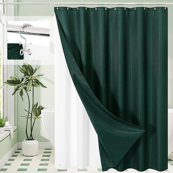 3 in 1 Shower Curtain Set, Dark Green Waffle Shower Curtain and PEVA Liner Set with 12 Stainless Steel Shower Curtain Hooks, Waterproof Shower Curtains for Bathroom, 72 W x 72 H