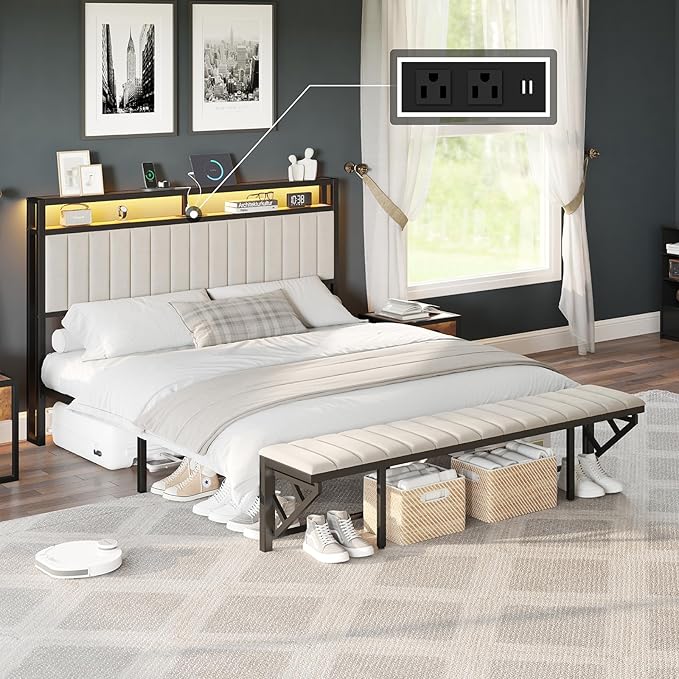 King Bed Frame with LED Light and Charging Station, Velvet Upholstered Headboard with Storage Shelf, Heavy Duty Metal Slats/No Box Spring Needed/Easy Assembly, Beige
