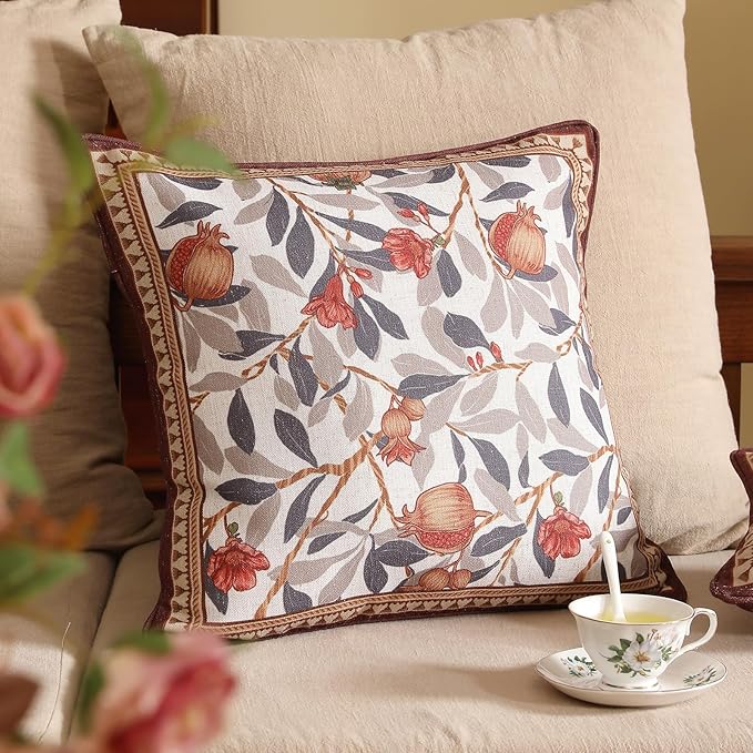 patdrea Designer Throw Pillow Covers Set of 2,Orange Farmhouse Rustic Linen with Pomegranate Fruit Pattern Pillow Covers,Decorative Square Pillowcases Cushion for Bed Living Room Outdoor,18"x18"