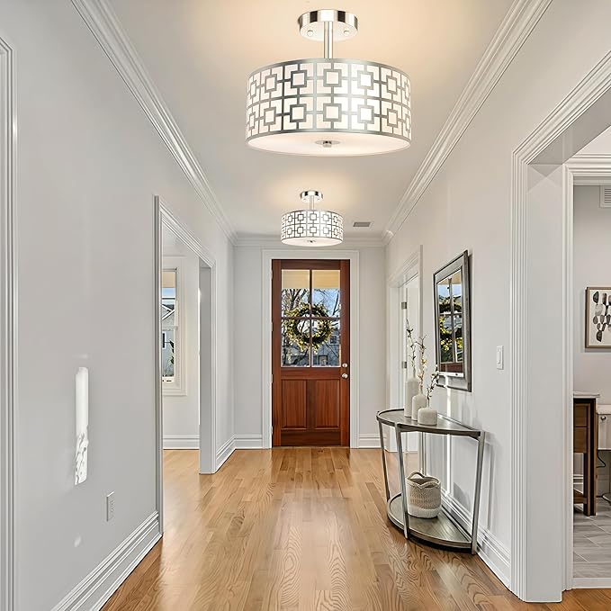 DLLT Flush Mount Ceiling Light: Modern 3-Light Brushed Nickel Kitchen Light Fixture - Drum Lighting Fixture for Dining Room - Silver Bedroom Ceiling Lamp with Double Shade