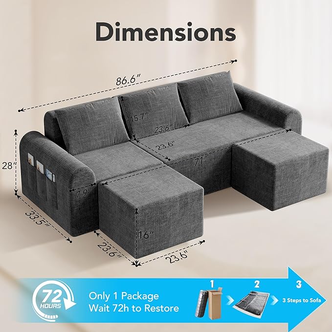 86.6” Cloud Boneless Sectional Sofa for Living Room, 3-Seater Modular Couch for Small Apartments with 2 Ottomans, Deep Seat Chenille Fabric Sofa, No Assembly Required, 72H Full Restore, Grey