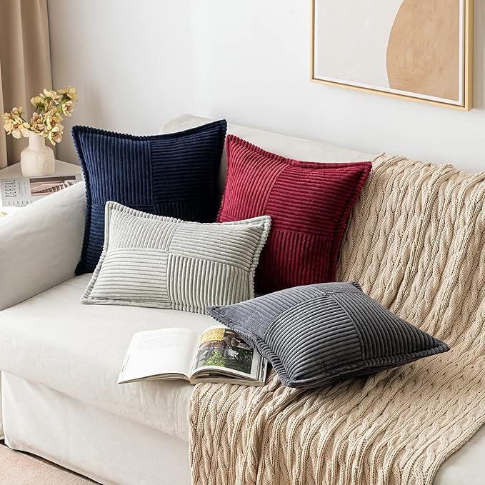 MIULEE Christmas Decorative Throw Pillow Covers for Couch Bed Livingroom 20x20 Inch Set of 2 Burgundy Boho Accent Throw Pllows Broadside Striped Patchwork Soft Corduroy Pillowcases