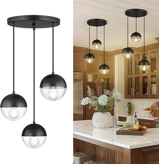 LMS Modern 3-Light Cluster Pendant Lights, Matte Black Kitchen Island Light Fixtures with Clear Globe Glass Shade, Adjustable Hanging Light for Bathroom Bedroom Dining Room Living Room, LMS-186BKC3