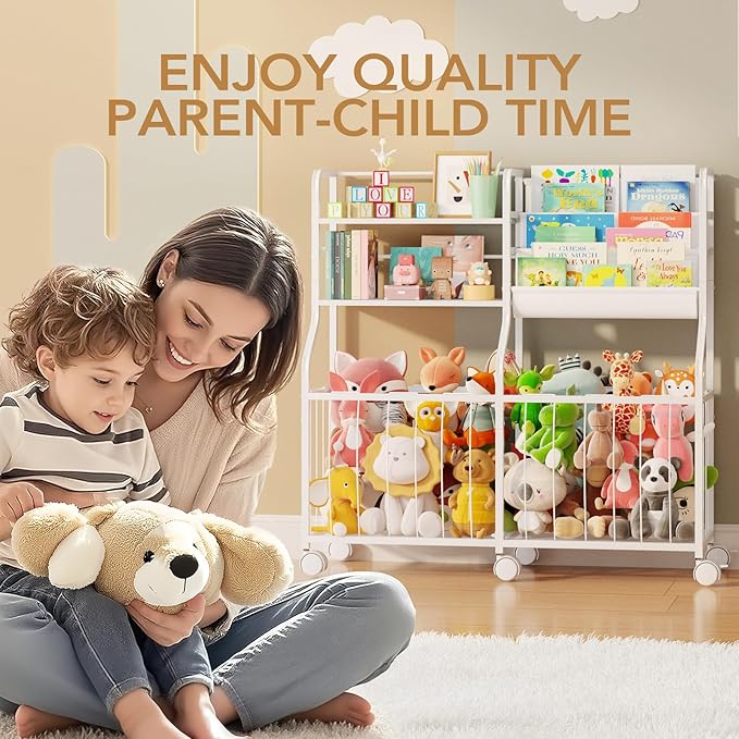 BBLIKE Stuffed Animal Storage Organizer - Rolling Kids Bookshelf and Toy Storage with 3 Tiered Book Display and Toy Chest - Rolling Furniture for Kids Room, Playroom, Bedroom, Nursery, White