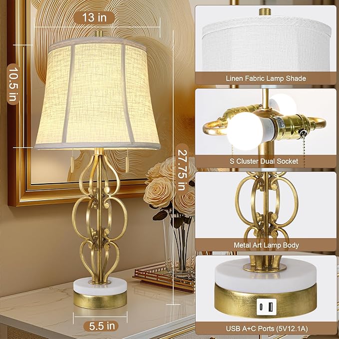 Scenekoy 27.75” Iron Art Table Lamp Set of 2 for Bedroom Living Room, Gold Leaf Night Stand Bedside Lamps with USB Ports, Pull Chains Modern Nightstand Lamp Line Shade for Home Decor (Bulbs Included)