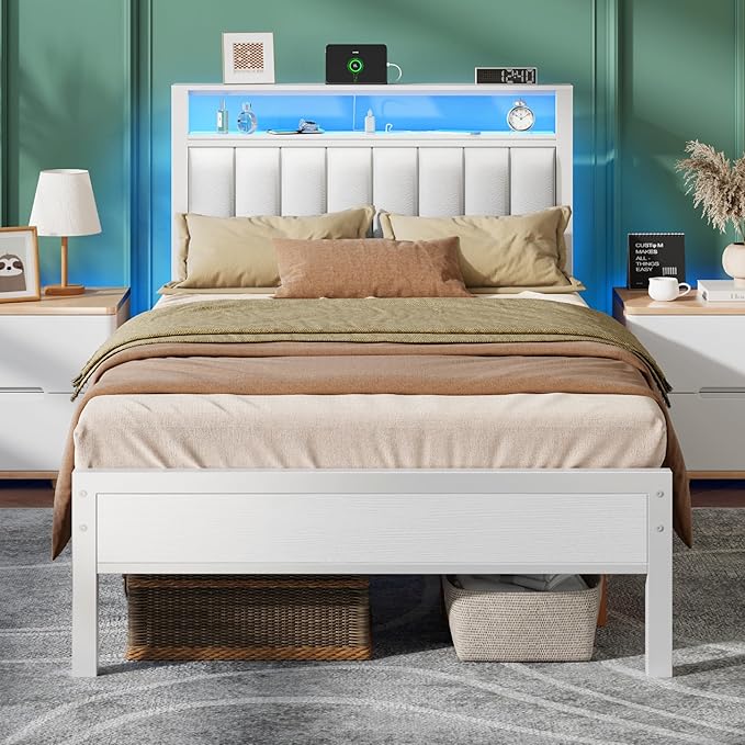 Furnulem Twin Size Bed Frame with Charging Station & LED Lights, Modern Platform Bed with 2-Tier Storage Shelves, White PU Leather Upholstered Headboard, No Box Spring Needed, Metal Slats Support