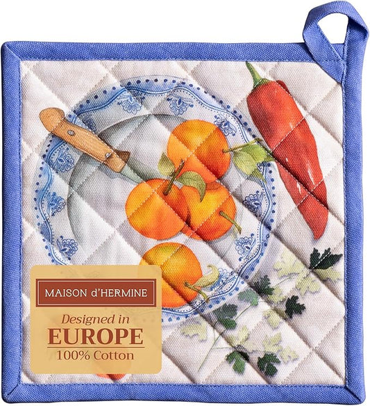 Maison d' Hermine Pot Holders 100% Cotton Heat Resistant Potholders 8" x 8" Hot Pads with Loop BBQ, Cooking, Baking, Grilling, Kitchen, Handling Hot Pans Spring/Summer (Pack of 1, Gourmand)