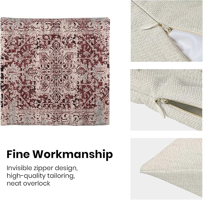 Boho Throw Pillow Covers 18x18 Inch Set of 2, Christmas Burgandy Red Decorative Throw Pillow Covers Carpet Pattern Wine Red Outdoor Cushion Cover for Sofa Couch Farmhouse Room Bed Decor