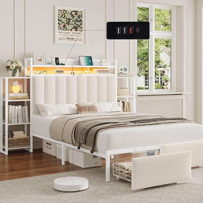 Keyluv Full LED Bed Frame with Storage Headboard & 2 Drawers, Upholstered Platform Bed with Charging Station & Bedside Storage Rack, Metal Slat Support, No Box Spring Needed, Velvet Fabric, White