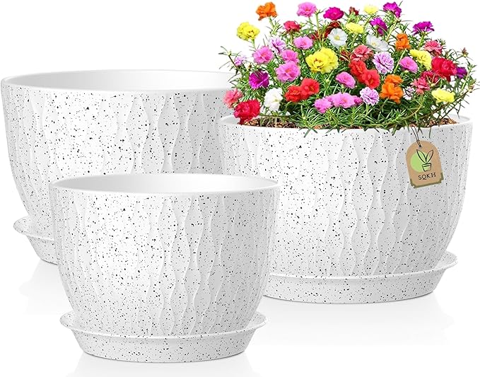 12/10/9 Inch Plant Pots, 3 Pack Large Flower Pots for Indoor and Outdoor Plants with Water Ripples, Large Plastic Flower Pots with Drainage Holes and Tray for Garden Indoor Plants