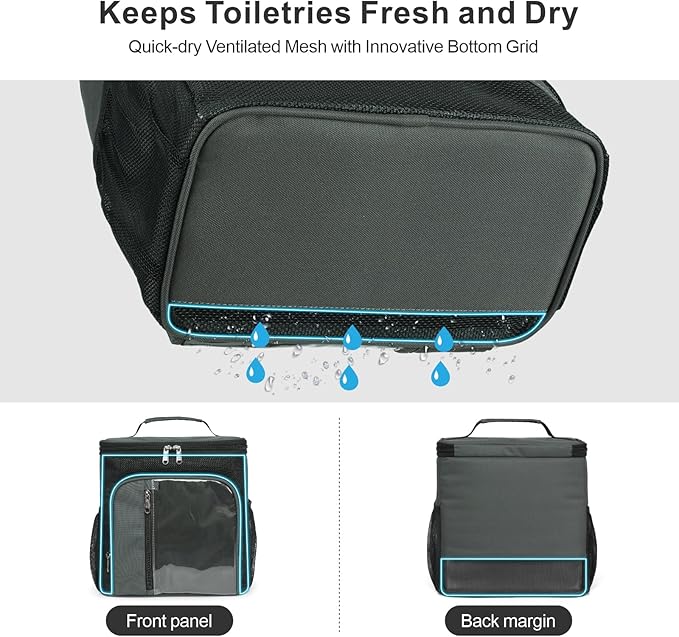 F-color Hanging Shower Caddy Portable - College Dorm Essentials for Guys with Hooks, Quick-Dry Shower Bag for Dorm Travel Gym Camping Essentials, Water-Resistant with Multiple Pockets, Dark Grey