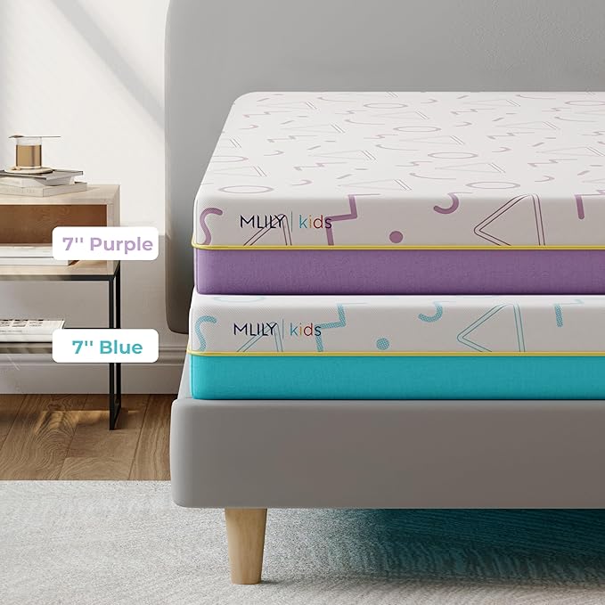 MLILY 7 Inch Queen Mattress for Kids, Memory Foam Bunk Bed Mattress, Made in The USA of US Foam and Global Materials, CertiPUR-US Certified, Medium Firm Trundle, Blue