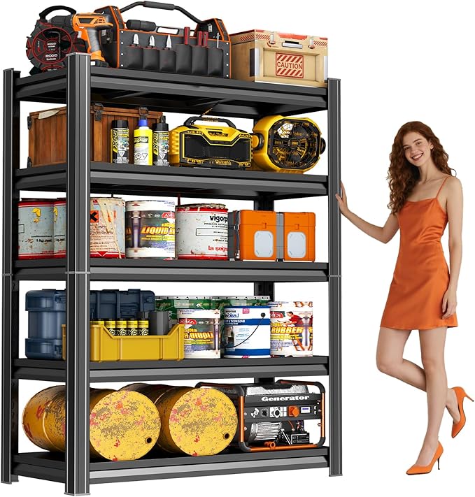 72" H Metal Garage Shelving Units Shelves for Organization Storage Shelves 3000Lbs 5-Tier Adjustable Metal Storage Rack Shelf Garage Shelf Organizer for Industries Basement Pantry Warehouse, Black