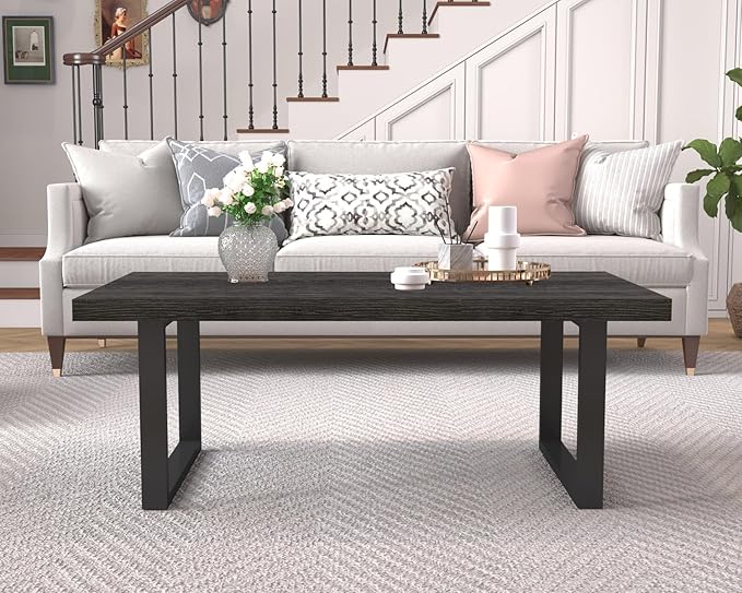 IBF Rustic Coffee Table, Wood and Metal Simple Industrial Modern Center Table, Minimalist Rectangle Wooden Farmhouse Cocktail Table for Living Room, Dark Gray Oak, 47 Inch