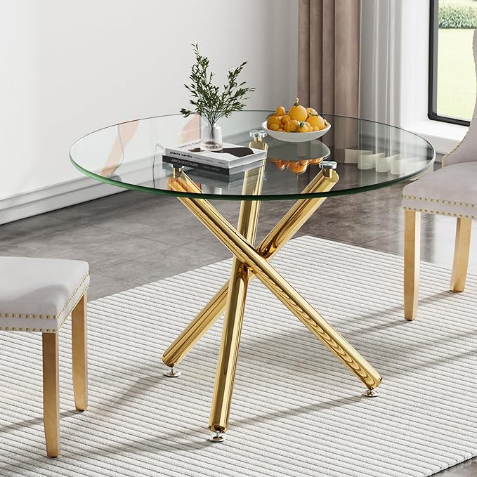 Round Glass Dining Table, Tempered Glass Tabletop and Metal Legs, Modern Style Glass Kitchen Table for Home, Kitchen, Dining Room (Gold, 36'' Round Table)