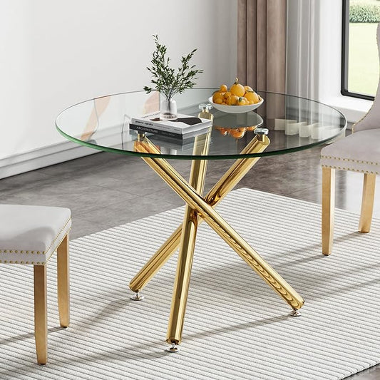 Round Glass Dining Table, Tempered Glass Tabletop and Metal Legs, Modern Style Glass Kitchen Table for Home, Kitchen, Dining Room (Gold, 36'' Round Table)