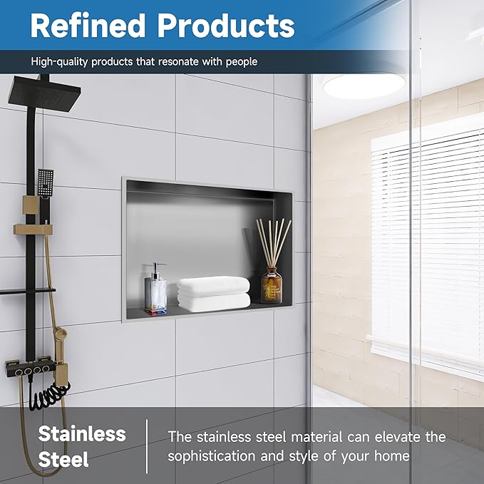 18" x 12" Brushed Nickel Shower Niche, 1 Shelf, Contemporary Style, Shower Caddies