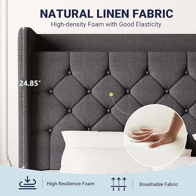 Allewie Queen Size Bed Frame, Storage Headboard with Charging Station, Wingback Linen Upholstered, Diamond Stitched Button Tufted, Sturdy Wooden Slats, No Box Spring Needed, Easy Assembly, Dark Gray