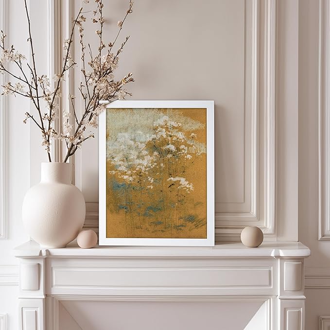 Poster Master Vintage Wild Flowers Poster - Retro Tonal Botanical Painting Print - Abstract Art - Floral Art - Farmhouse Art - Aesthetic Flower Shop or Living Room Wall Decor, 8x10 White Framed