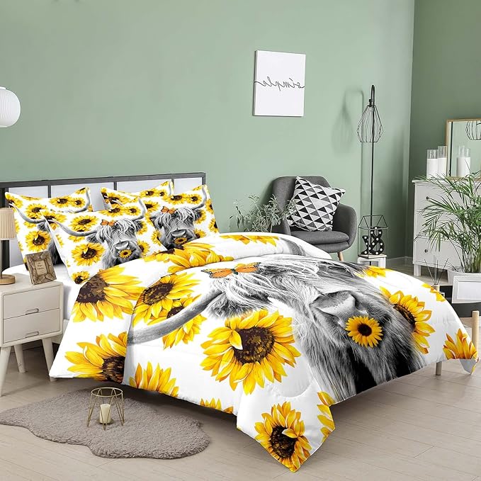 Tailor Shop Highland Cow Bedding Set Full Size ，Farmhouse Sunflower Highland Cattle Wild Animal 3D Print Comforter 3 Pcs Sets,with 1 Comforter 2 Pillowcases……