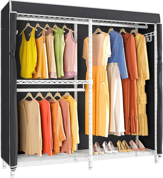 VIPEK V4C Garment Rack with Cover, Heavy Duty Portable Closet Adjustable Metal Clothing Rack for Hanging Clothes with Hanging Rods & Side Hooks, Max Load 810lbs, White Rack with Black Cover