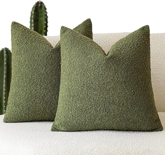 Foindtower Pack of 2 Modern Textured Boucle Throw Pillow Covers Accent Solid Decorative Pillow Cases Cozy Woven Couch Cushion Case for Chair Sofa Bedroom Living Room Home Decor, 18 x 18 Inch,Green
