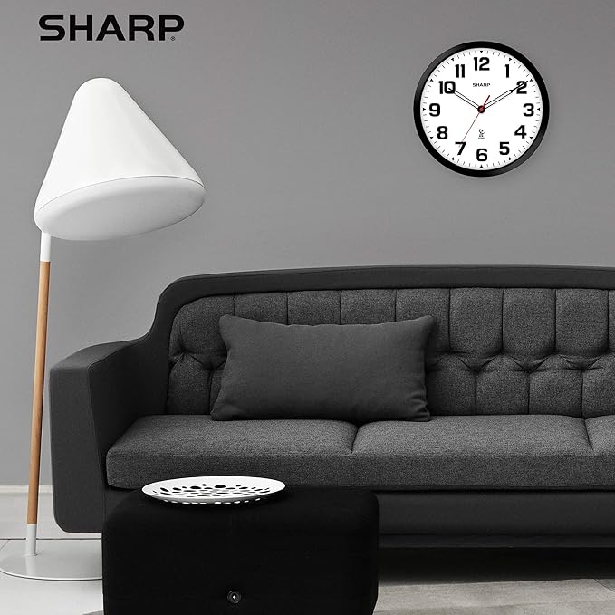 Sharp Atomic Analog Wall Clock - 12" Black Stylish Frame - Sets Automatically- Battery Operated - Easy to Read - Easy to Use – Modern Design and Style