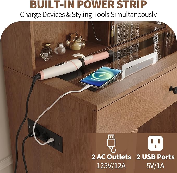 Vanity Desk with Mirror and Lights, Glass Top Vanity Desk with Sliding LED Mirror & 3-Color Lights, Makeup Dressing Table with Storage Drawers, Rainbow Glass Cabinets, USB/AC Outlets, MDF Beauty Hub