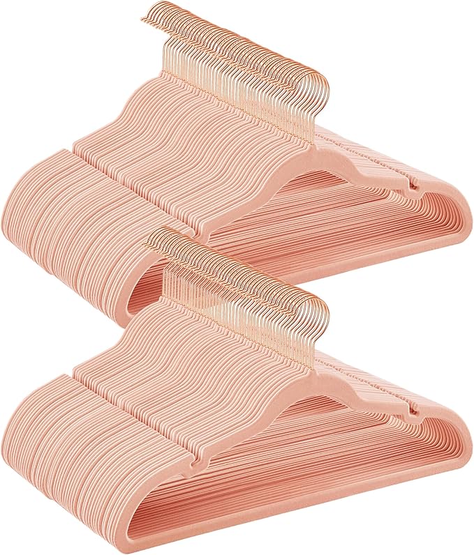SONGMICS Velvet Hangers 100 Pack, Non-Slip Clothes, Suit With Shoulder Notches, Pants Bar, 360 Swivel Hook, Space-Saving, for Closet, Jelly Pink UCRF029R100