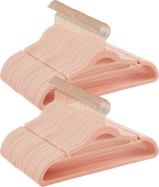 SONGMICS Velvet Hangers 100 Pack, Non-Slip Clothes, Suit With Shoulder Notches, Pants Bar, 360 Swivel Hook, Space-Saving, for Closet, Jelly Pink UCRF029R100