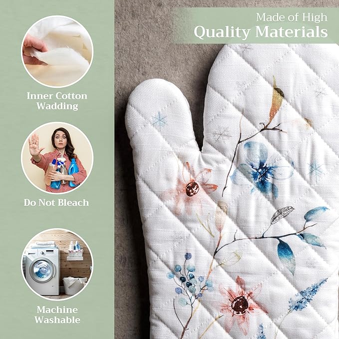 Maison d' Hermine Oven Gloves 100% Cotton Oven Mitt 7" x 13" with Loop Heat Resistant BBQ Cooking Gloves for Thanksgiving Christmas Decorations Baking Handling Hot Pans (Pack of 1, Ice Florals)