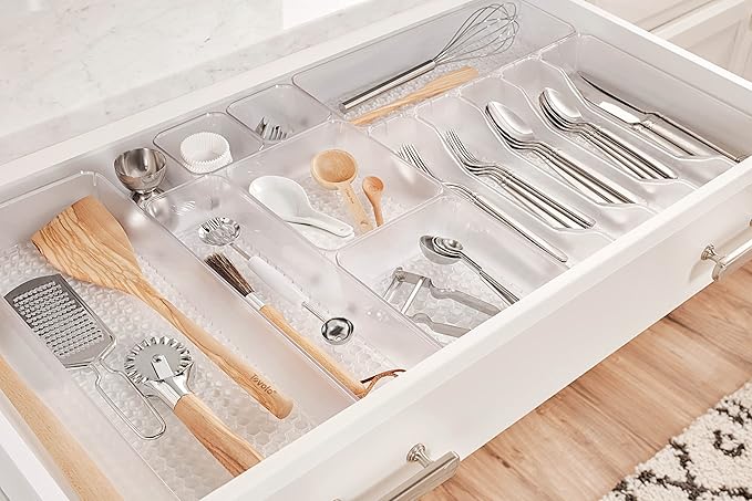 Spectrum Diversified Hexa Drawer Organizer Tray Modern Kitchen Cutlery, Utensil, Silverware Holder Caddy, 6 Dividers Cabinet Storage, 13 x 16, Clear Frost