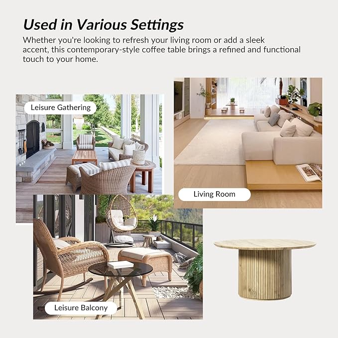 HULALA Home Round Coffee Table, Wood Coffee Table with Vertical Slat Base, Modern Coffee Table for Living Room and Lounge Room,Oak