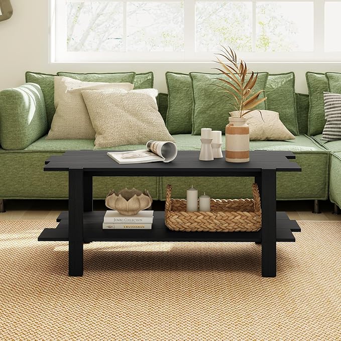 GOFLAME Wood Coffee Table with Storage, 2-Tier Irregular Center Table with Open Storage Shelf, Modern Accent Tea Table for Living Room, Home Office, Reception Room (Black)