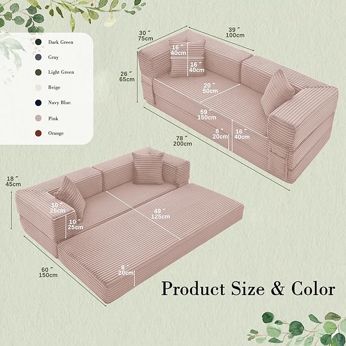 Sectional Boneless Couch Convertible Sofa Bed, 78'' Modular Sectional Sleeper Sofa with Removable Armrests & 3 Pillows, Small Floor Couch No Assembly Needed for Living Room, Office, Bedroom, Pink