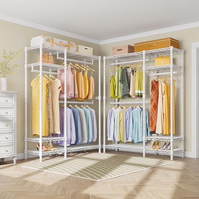 VIPEK V2 Garment Rack Metal Clothing Racks for Hanging Clothes with 4 Tiers Wire Shelving & 3 Hanging Rods, Free Standing Closet Wardrobe, 45" L x 16.5" W x 76.4" H, Max Load 700LBS, White