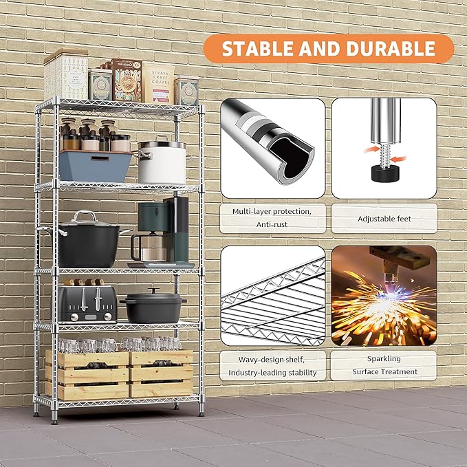 MZG 1750 lbs 5 Tier Storage Rack Metal Wire Shelving Unit, Storage Standing Household Shelf Organizer for Kitchen Pantry Closet Garage Basement Utility Room, Chrome 15.8" D x 45.3" W x 70.4" H