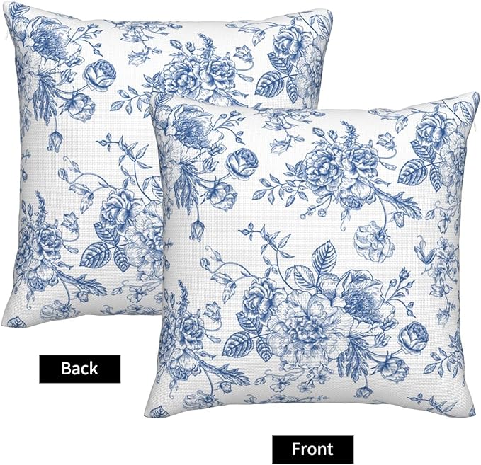 Blue and White Floral Throw Pillow Covers 18x18 Inch Set of 2 Chinoiserie Decorative Flower Pillows Cover Farmhouse Country Cushion Case of Sofa Living Room Bedroom