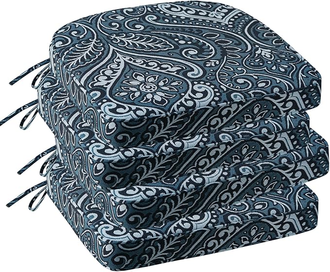 Outdoor Round Corner Seat Cushion, 17"x16"x2", Set of 4, Non Slip Seat Cushion Pads with Removable Cover for Patio Furniture, Garden Yard Lawn, Damask Vine
