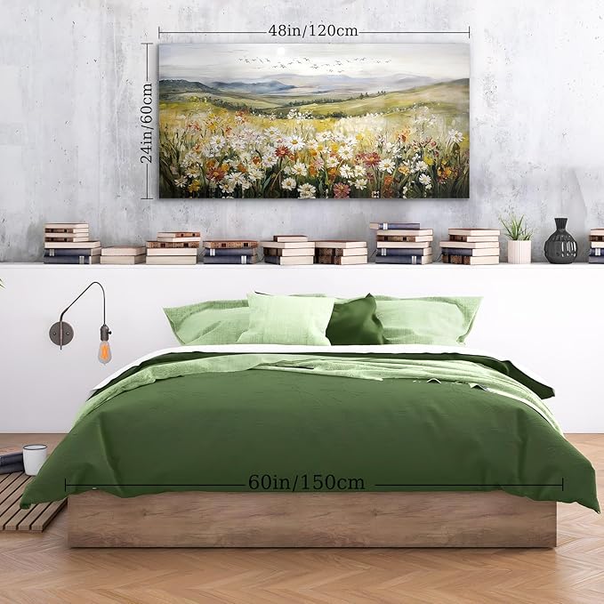 SERIMINO Mountain Floral Landscape Wall Art, Daisy Wildflower Large Canvas Painting, Hill Sunrise Scenery Wall Pictures, Modern Country Aesthetic Wall Decor Living Room Bedroom Art Prints 24X48 Inch