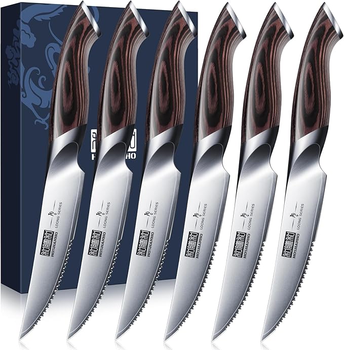 Steak Knives Set of 6, Ultra Sharp 4.5 Inch Serrated Steak Knife Set, Japanese High Carbon Steel Kitchen Steak Knives with Ergonomic Handle