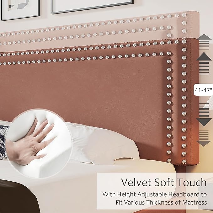 VECELO Full Size Bed Frame with Adjustable Upholstered Headboard, Wooden Slats Platform, Noise-Free Design, No Box Spring Needed, Easy Assembly