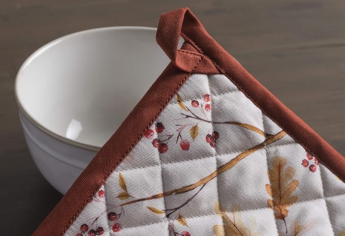Maison d' Hermine Pot Holders Set 100% Cotton Heat Resistant Potholders 8" x 8" Hot Pads with Loop for Thanksgiving Christmas Decorations BBQ Cooking Baking Handling Hot Pans (Pack of 2, Oak Leaves)