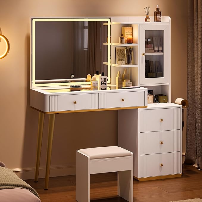 LINSY Vanity with Glass Top, White Makeup Vanity with Mirror and Lights, Large Vanity Desk with Storage, Drawers, Cabinet and Outlet, Modern Fluted Vanity Table for Bedroom, Women, Girls