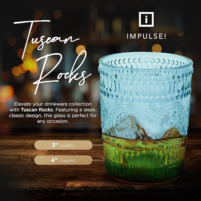 IMPULSE! Tuscan Rocks Glass Set - Aqua, Dishwasher Safe, Chic Vintage Style - 8 oz - Ideal for Gin, Mixed Cocktails, Bourbon, Margaritas, Soft Drinks, Beer, Water - Mexican Style Glasses - Set of 4